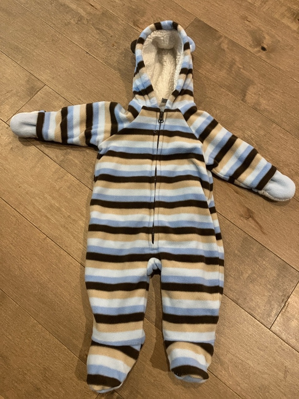 Old Navy Striped Fleece Hooded Footie in Light Blue, Brown & Cream